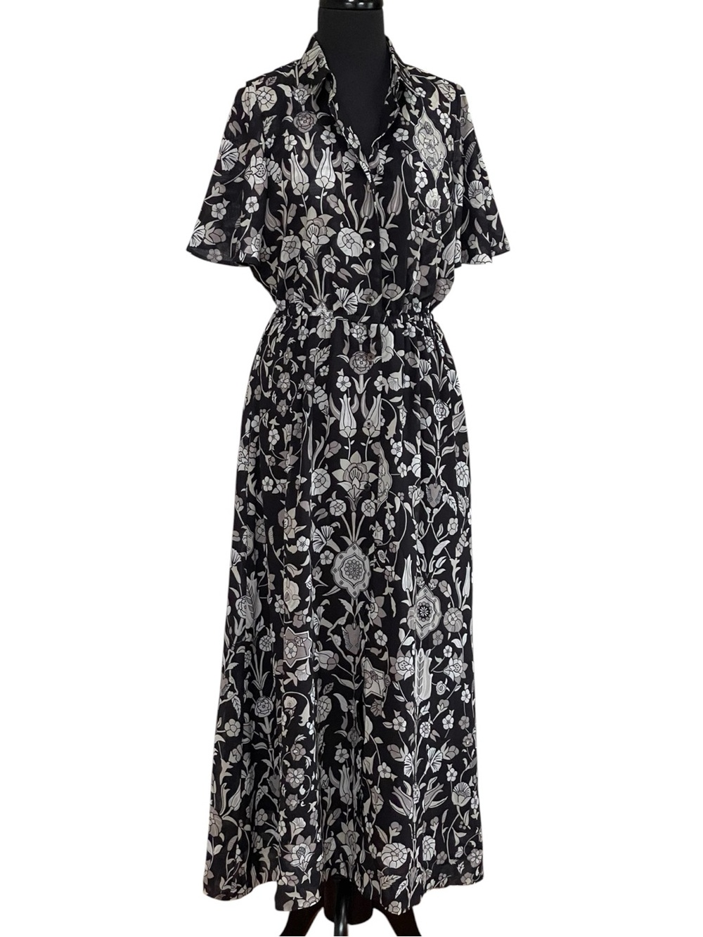 Gretchen Scott Panache Midnight Garden Black Gray Floral Maxi Dress Sz S S/S
